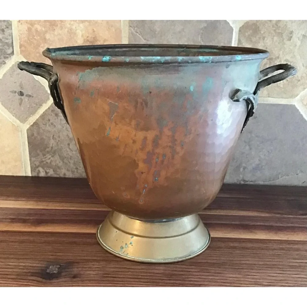 VTG Hammered Copper Bucket Brass Footed Ornate Handles Verdigris Patina 6.75x8.5
